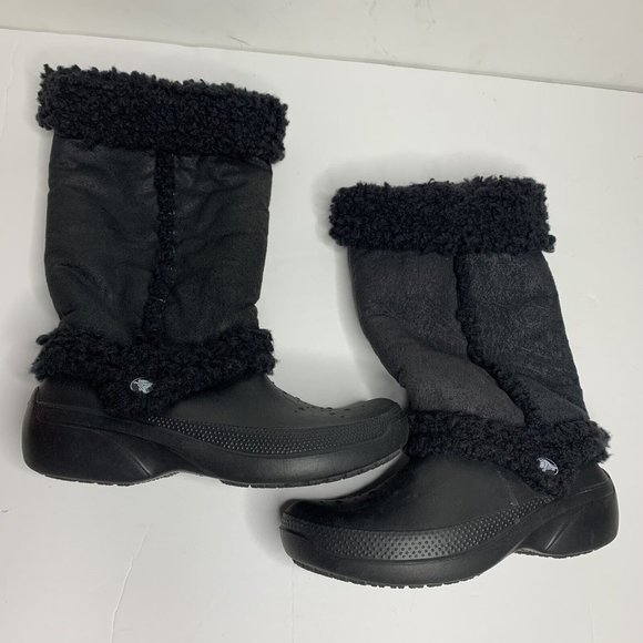 Crocs Nadia Black Rubber Faux Fur Pull On Boots - Picture 1 of 10